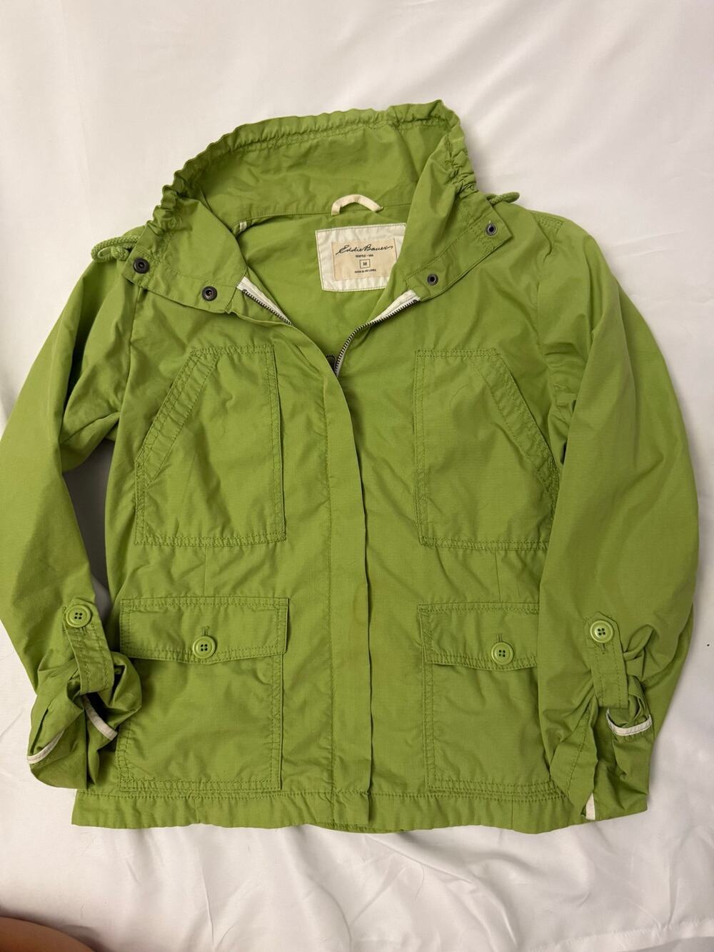 Eddie Bauer Green Hooded Utility Rain Jacket Medium